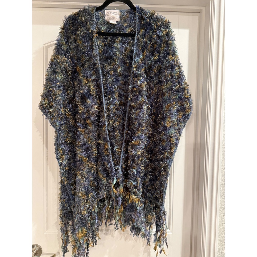 Eyelash Knit Ruana Wrap Shawl Cape Blue Gold Fringe Shaggy Boho Open Front Fairy